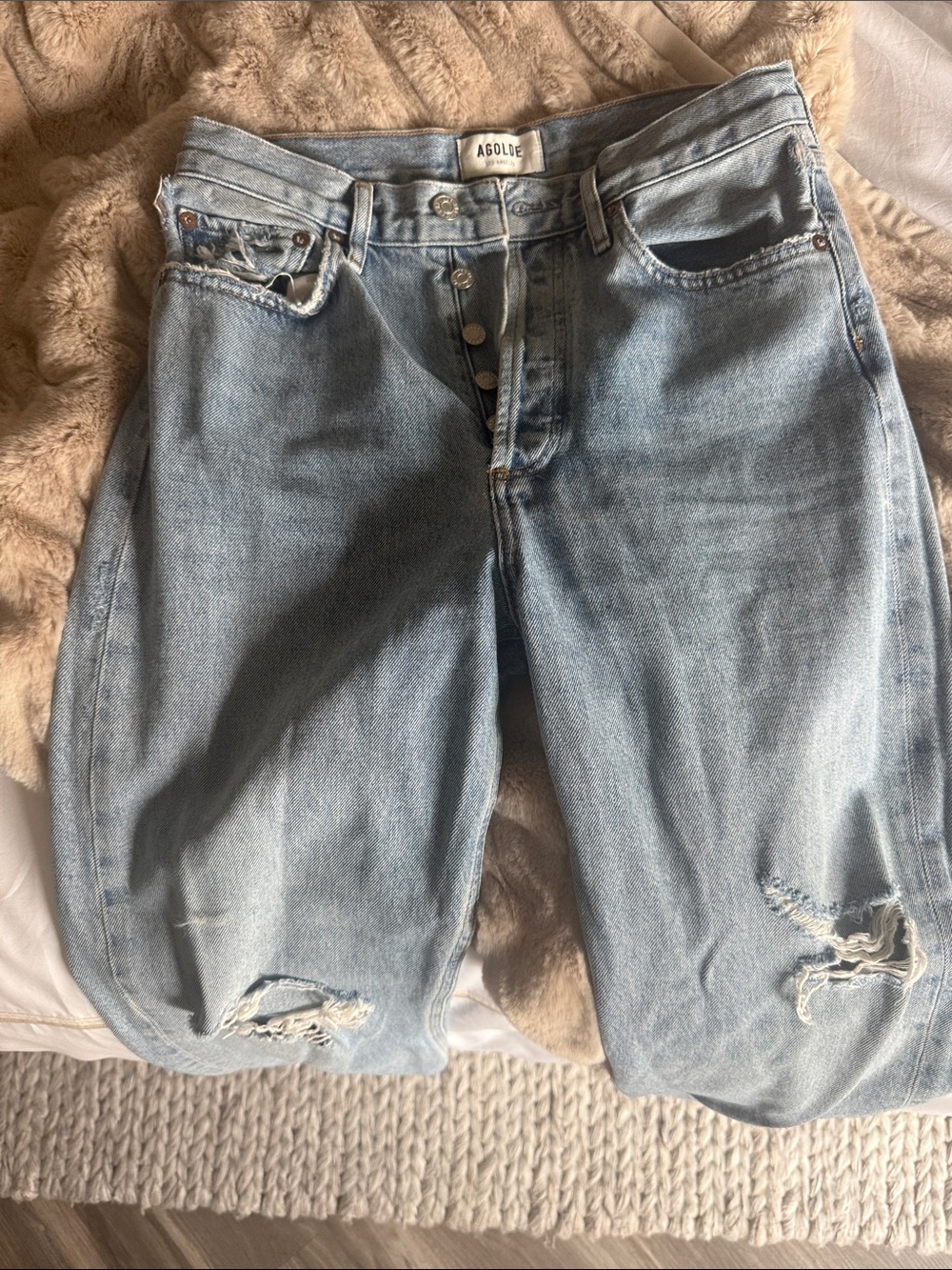 Agolde Light Blue Relaxed Button-Fly Jeans with Knee Distress